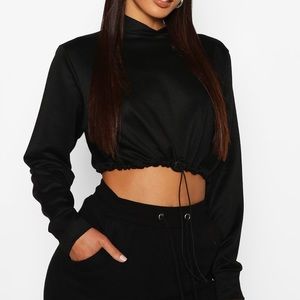 Black cropped hoodie with drawstring